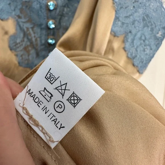 Rosamosario 100% Silk Satin and Chantilly French Lace Camisole Nude and Blue - Picture 7 of 17